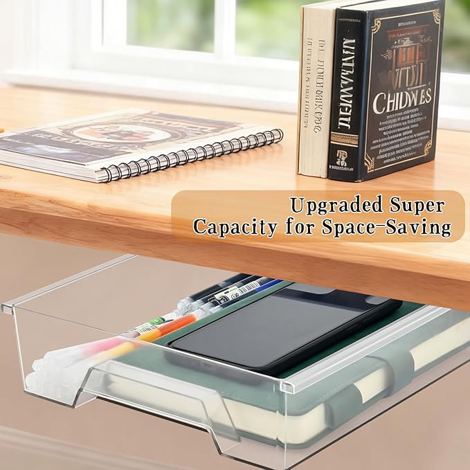 2 Pair Under Desk Drawer Organizer, Self-Adhesive Slide Out Storage Organizer, Hidden Desktop Organizers, Self-Adhesive Table Storage Accessories for Home Office and School