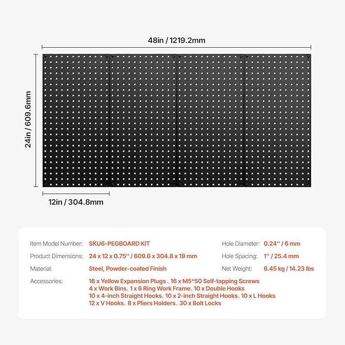 VEVOR Metal Pegboard Panels, 24" x 12" Pegboard, 4 Panels, Heavy Duty Peg Board Wall Organizer with Accessories, for Living Room Garage Tool Storage Office Organization Craft Room Kitchen Home, Black