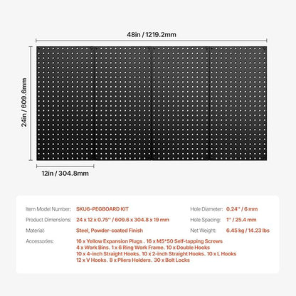 VEVOR Metal Pegboard Panels, 24" x 12" Pegboard, 4 Panels, Heavy Duty Peg Board Wall Organizer with Accessories, for Living Room Garage Tool Storage Office Organization Craft Room Kitchen Home, Black