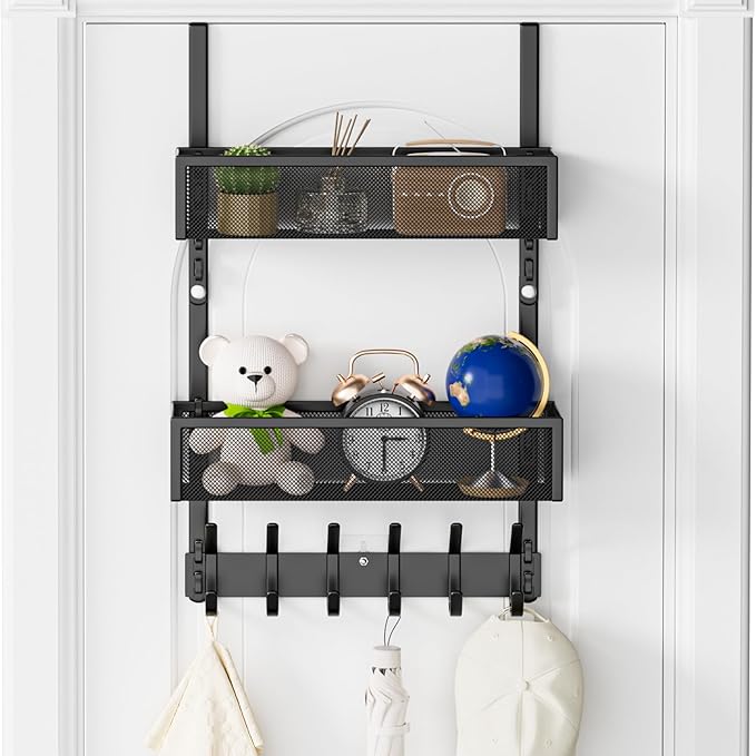 Aimeaihe Over The Door Hooks Organizer, Over The Door Towel Rack with 12 Coat Hooks and 2 Mesh Basket, Bathroom Door Organizer Back of Door Hanger Organizer for Bedroom, Kitchen(Black)