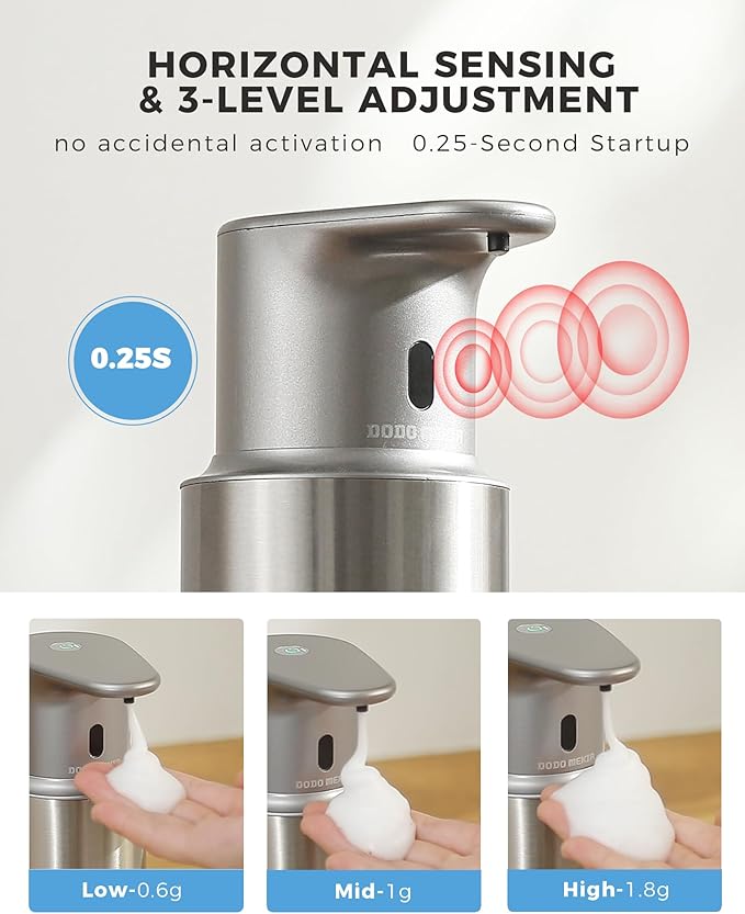 DODO MEKIA Automatic Foaming Soap Dispenser Touchless, 304 Stainless Steel Bottle Body &16.2oz/480ml Rechargeable, 3 Adjustable Liquid Levels, IPX7 Waterproof, for Kitchen Bathroom, Stainless Steel