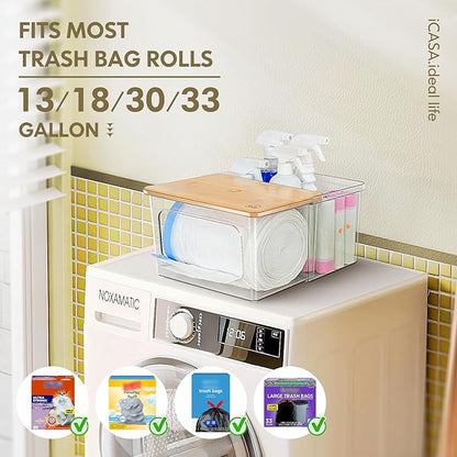Trash Bag Dispenser Holder, 2-in-1 Under Sink Organizer with Clear Acrylic Box & Bamboo Lid, Holds Large Rolls up to 100 Count, Garbage Bags Storage Container for Kitchen, Pantry, Laundry Room