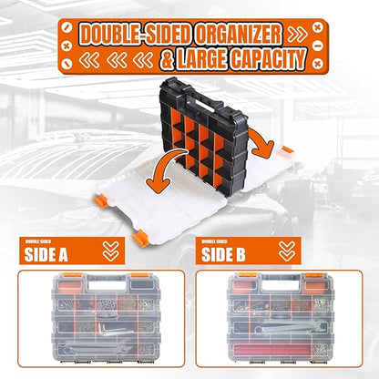 Tool Box with Transparent Lid, Double Side 34-Compartments Organizer Box with Removable Dividers for Hardware, Screws, Bolts, Nails, Beads, Jewelry and Fishing Accessories, Orange, 1 Pack