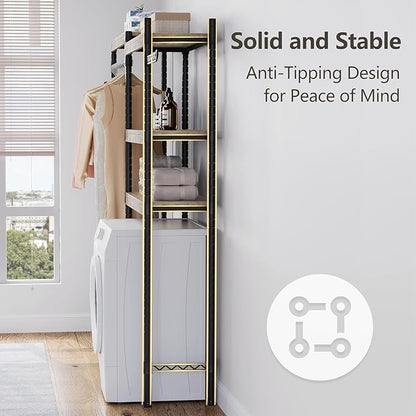Garvee 28 in Over-The-Toilet/Washer Shelf – 5-Tier Laundry Organizer with Double-Layer Wood Shelves (100 LB Capacity), Adjustable Height Storage for Small Spaces (Grey & Black)