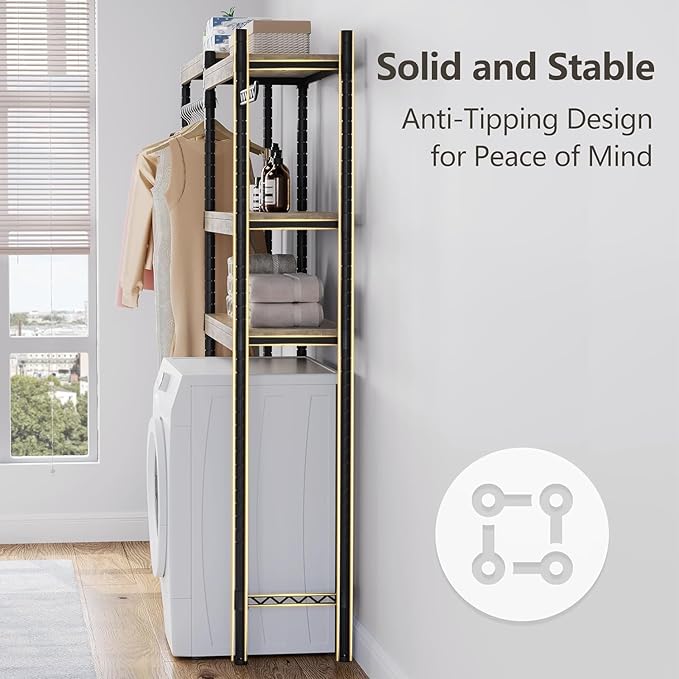 30 in 5-Tier Over-The-Washer Shelf – Adjustable Height Laundry Organizer with Double-Layer Wood Shelves (100 LB Capacity), Space-Saving Storage for Bathroom, Laundry Room, Balcony (Grey, Black)