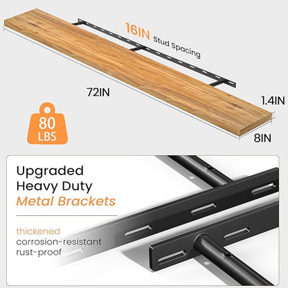 Fun Memories 72" Floating Shelves for Wall, Rustic Solid Elm Wood Floating Shelves - Invisible Bracket Mount, Extra Long Wall Mounted Shelf for Living Room, Bathroom, Bedroom, Kitchen, Natural