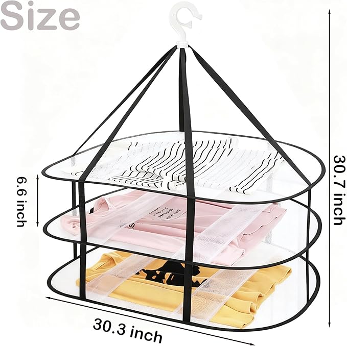 Fashion & Lifestyle 3-Tier Foldable Clothes Black Drying Rack, Hanging Mesh Laundry Dryer with Sturdy Frame for Delicates/Sweaters/Underwear, Space-Saving Indoor Outdoor Drying Organizer