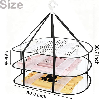 Fashion & Lifestyle 3-Tier Foldable Clothes Black Drying Rack, Hanging Mesh Laundry Dryer with Sturdy Frame for Delicates/Sweaters/Underwear, Space-Saving Indoor Outdoor Drying Organizer