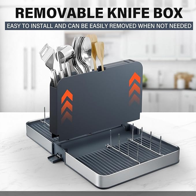 Stelive Foldable Dish Drainer Rack with Removable Cutlery Holder Stainless-Steel Dish Drying Rack with Dual Parts, Space-Saving Dish Rack, Rustproof Utensil Drainer for Kitchen Counter, Gray/Steel