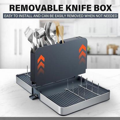 Stelive Foldable Dish Drainer Rack with Removable Cutlery Holder Stainless-Steel Dish Drying Rack with Dual Parts, Space-Saving Dish Rack, Rustproof Utensil Drainer for Kitchen Counter, Gray/Steel