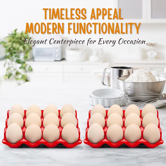 Flexzion 12 Cups Ceramic Egg Holder for Fridge - Dozen Ceramic Egg Tray Porcelain Container Storage Organizer Decorative Serving Stand Serveware for Refrigerator Countertop Display (Red, 2 Pack)