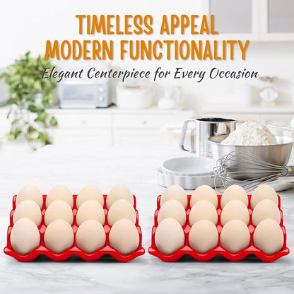 Flexzion 12 Cups Ceramic Egg Holder for Fridge - Dozen Ceramic Egg Tray Porcelain Container Storage Organizer Decorative Serving Stand Serveware for Refrigerator Countertop Display (Red, 2 Pack)