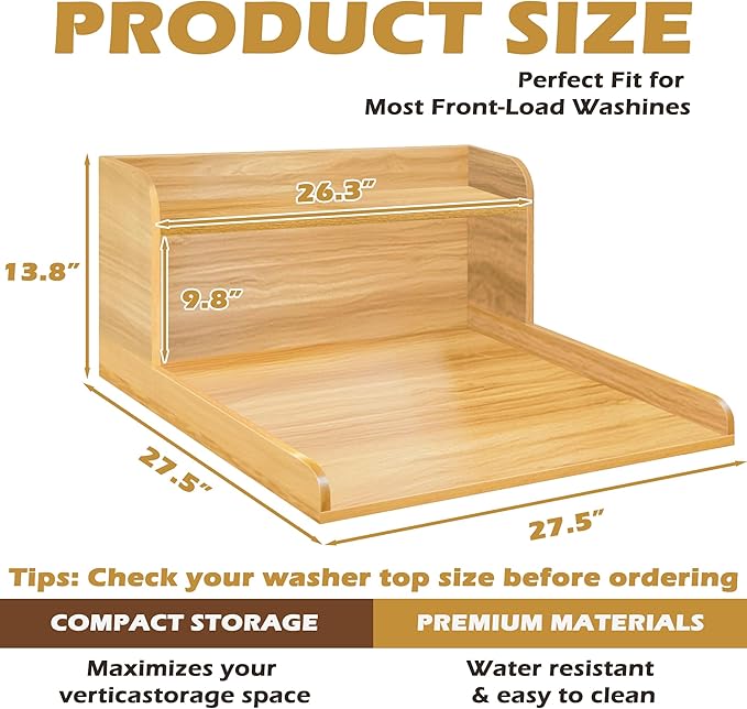 Royxen Washer Dryer Countertop with Shelf,2-Tier Laundry Countertop for Single Washer and Dryer,Soild Wood Core Washer Dryer Topper for Laundry Room Organization (Oak)