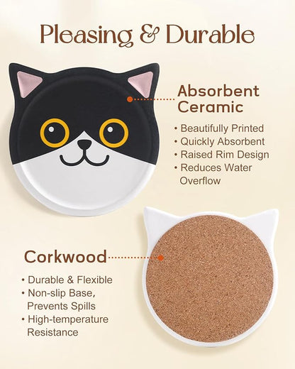Oqplog Cat Drink Coasters for Desk Coffee Table Set of 6-Funny Ceramic Cup Holder Coaster for Office Home Outdoor Cute Decor Gifts for Women Family