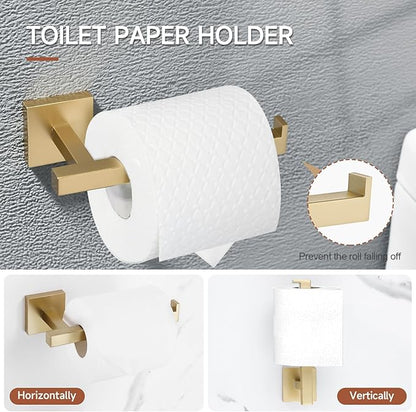 TQKAG 5-Piece Bathroom Accessories Set Brushed Gold Bathroom Hardware Set SUS304 Stainless Steel Classic Wall Mounted Towel Bar Sets 23.6" Towel Rack for Bathroom, Brushed Gold