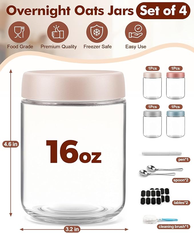 4 pack 16 oz Overnight Oats Containers with Lids and Spoons Glass Jars with Airtight Lids: Wide Mouth Mason Salad Jars, Leakproof and Reusable Glass Food Storage Container for Yogurt Snacks Spice