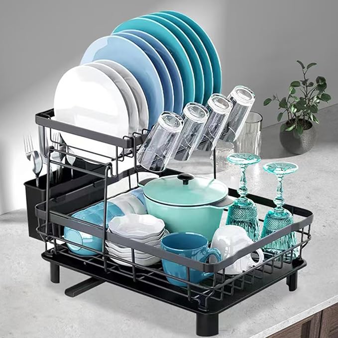 DMTXCRP Dish Drying Rack, Space Saving & Durable, Rust-Proof Large 2 Tier Stainless Steel Dish Racks for Kitchen Counter with Cutlery & Cup Holder & Drainboard -Grey