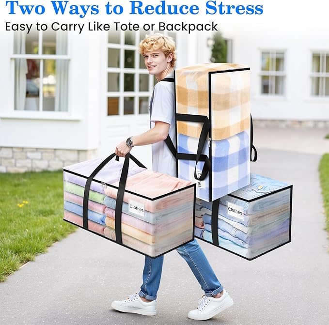 BlissTotes 4-Pack Large Moving Bags with Backpack Straps & Strong Zippers, Heavy-Duty Storage Bags Moving Boxes for Space Saving, Dorms, Transport, 76L-20 Gallons, Clear
