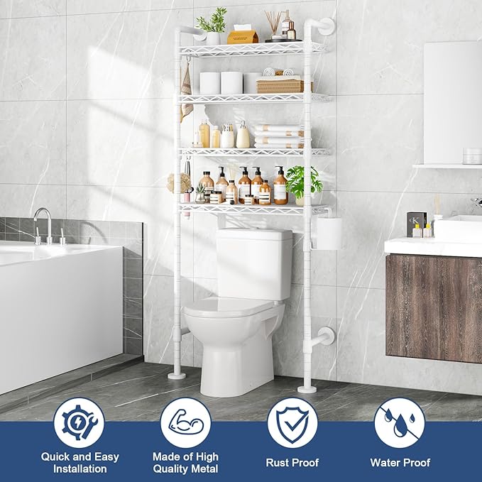 Roxibelt K3 Wall Mounted 4-Tier Over the Toilet Storage，Metal Above Toilet Storage with Paper Hook，Over Toilet Bathroom Organizer with Adjustable Shelf，Above Toilet Rack 9.7"D x 25.6"W x 74.3"H，White