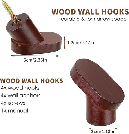 DELITON Coat Hooks Wall Mount, 4 Pack Wood Wall Hooks Rustic Heavy Duty, Decorative Wall Utility Hooks for Hanging Coats, Robe, Bag, Key