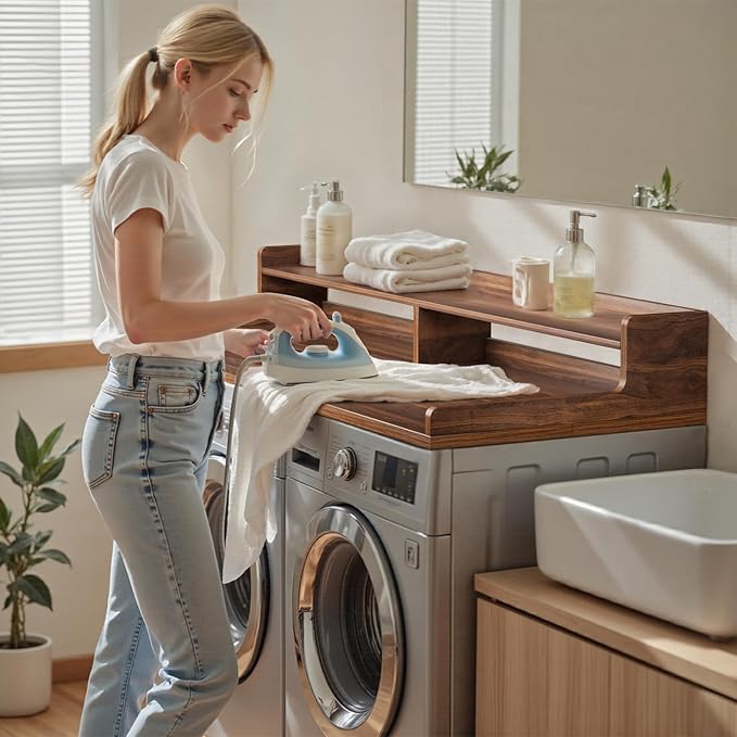 VOPEAK Washer and Dryer Countertop with Shelf, 2-Tier Washer Dryer Topper, 54" x 27.5" Spacious Laundry Countertop, Washing Machine Topper for Laundry Room Organization and Folding Clothes, Walnut