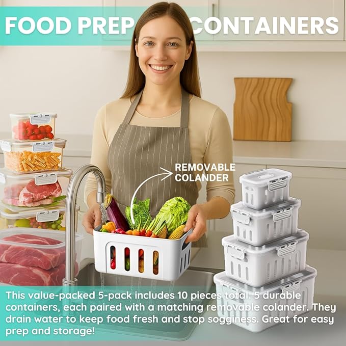 DAZZLEREE Fruit Containers for Fridge Keep Fresh, 5-Pack Produce Containers for Fridge with Lids, Meal Prep Containers, Food Organizer with Removable Colander, Microwave & Dishwasher Safe (White)