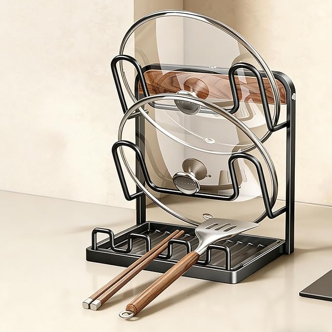 Lid Holder While Cooking, Countertop Pot Lid Organizer, To Keep Cooking Utensils Handy, Comes with A Draining Tray, Suitable for Holding Pot Lids and Spoons for Pots, Pans Two stories