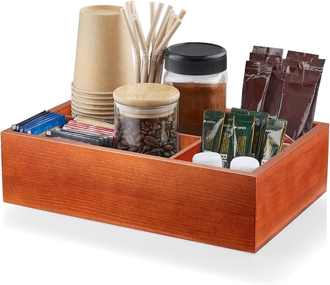 ALELION Coffee Station Organizer with Removable Dividers - Wood Coffee Bar Accessories Organizer for Countertop - Pod Holder Basket for K Cup Sugar Tea