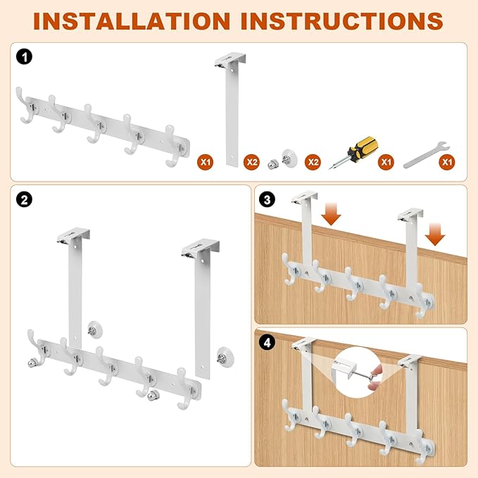 persevere Over The Door Hooks with Auto-Locking Design, Rustproof Multi-Functional Coat Rack, Bathroom Towel Holder, Space-Saving Door Hanging Organizer with 5 Hooks for Clothes and Towels (White)