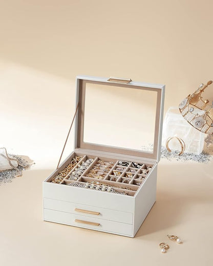 SONGMICS Jewelry Box Organizer with Glass Lid, 3-Layer Jewelry Storage, with 2 Drawers, Modern Style, 8 x 9.1 x 5.3 Inches, Cloud White and Gold Color UJBC239WT