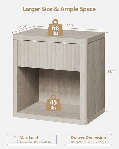 SICOTAS Night Stand Set of 2 Nightstands with Drawer Storage Fluted Bed Side Table End Table Large Modern Wide Bedside Stand Mid Century Night Stands for Bedroom Living Room Sofa Office, White Alder