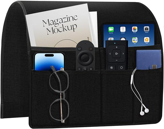 HAPLIFEZ Remote Holder for Recliner Armchair & Couch, Non Slip Sofa Armrest Organizer Caddy with 6 Pockets Thick Linen Fabric Storage for Tablet, Phone, 19x35 Inches, Black