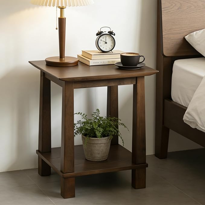 chairus Square Nightstands Set of 2, Modern Accent End Table with 2-Tier Storage Shelf, Solid Wood Small Side Table for Living Room/Bedroom, Walnut