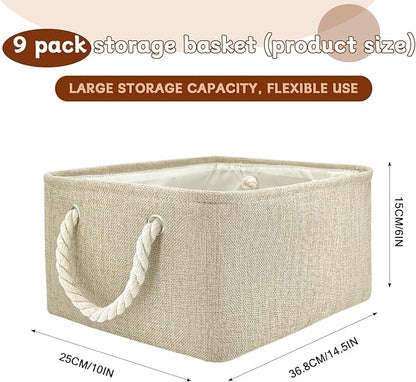 9 Pack Storage Basket Bins & Decorative Baskets Fabric Storage Cubes Containers Bulk W/Handles for Office, Home, Books, Clothes, Bedroom, Closet (Beige)