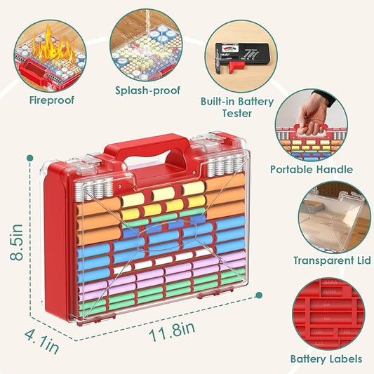 Upgraded Large Capacity Battery Storage Organizer with Tester, Battery Organizer Holds 185+Batteries with Double-Sided & Portable Handle, Fireproof & Splash-Proof Battery Holder for Most Sizes, Black