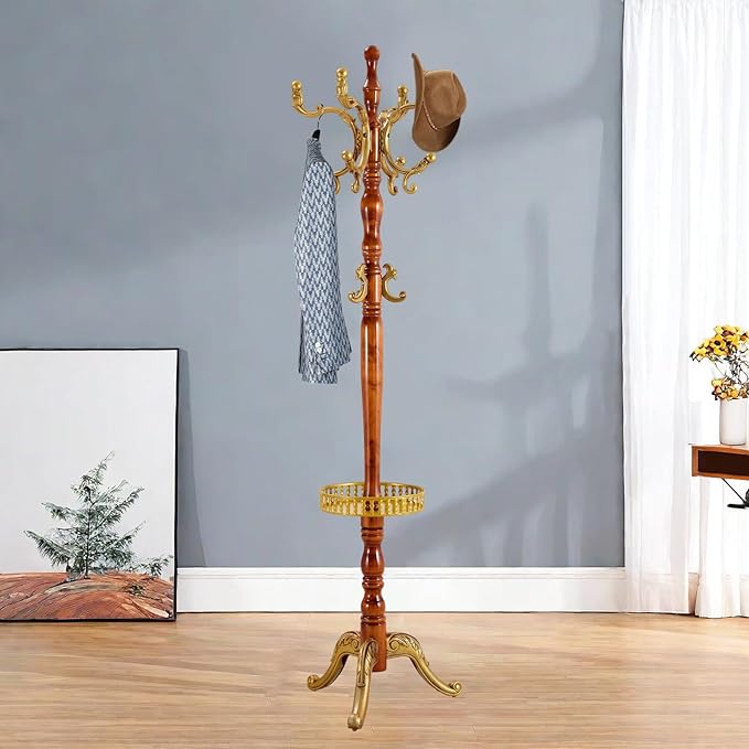 Solid Wood Coat Rack – Freestanding Coat Racks Stand with Hooks & Stable Base, Adjustable Height Modern Wooden Hall Tree for Entryway, Bedroom, Office, Home (H12 Begonia)