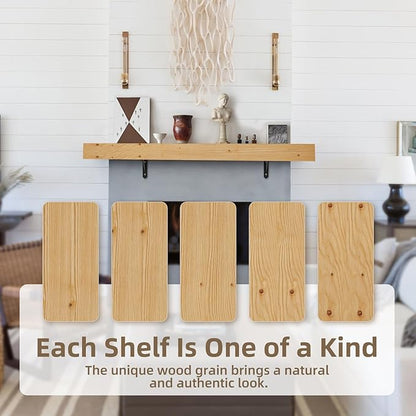 ROOMTEC Fireplace Mantel,60" Wood Fireplace Shelves with L-Shaped Bracket,Wall Mounted Wooden Shelving,Handcrafted Wood Brack,Mantels Over Fireplace, 60" x 8" x 3"-Clear Varnished Natural Wood