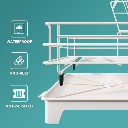 BOOSINY 2 Tier White Large Stainless Steel Dish Drainers Drying Rack for Kitchen Counter with Drainboard, Rust Proof Metal, Space Saving, Modern Aesthetic, Compact Plates Strainers with Extra Mat