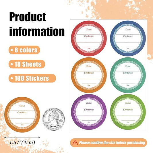 108 PCS Multicolored Mason Jar Label Stickers, Removable Waterproof & Oil Resistant, All-Purpose Adhesive Stickers for Glass Canning Jars, Spice Jars, Jam/Jelly Containers, Kitchen & Home Organization