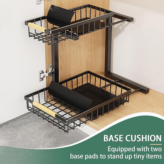 2 Pack 2 Tiers Pull Out Under Sink Organizers, Metal Kitchen Storage Shelf, Pull Out Under Sink Storage Rack, Multi-purpose Under Sink Shelf Organizer for Under Sink Cabinet Bathroom Kitchen (Black)