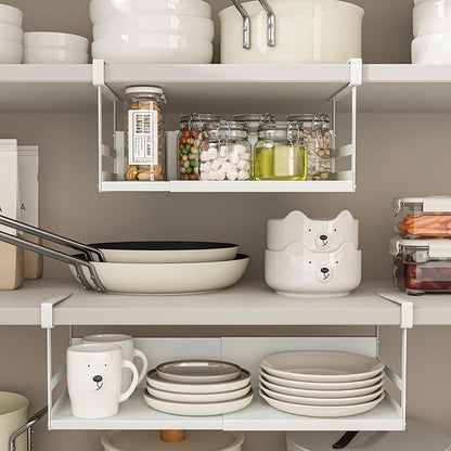 Expandable Under Cabinet Shelf Organizer with 0.94-Inch Thick Clips, Heavy Duty Extendable Under Shelf Storage Basket for Pantry or Laundry Room, White, 2 Pack, Interior: 4.13" H x 7.2" D