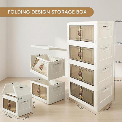 MOONEDGE 140QT Stackable Plastic Storage Bins with Lid & Handles, Foldable Collapsible Closet Organizer with Magnetic Doors and Side Locking, 4 Tier for Living Room, Office, Garages