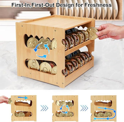 PLITTPETTS Bamboo Can Organizer for Pantry, 2 Tier Bamboo Pantry Organizer for Kitchen Counter, Cat Food Storage Holds Up to 36 Cans, Can Rack Organizer for Human and Pet Food Cans, FIFO Design