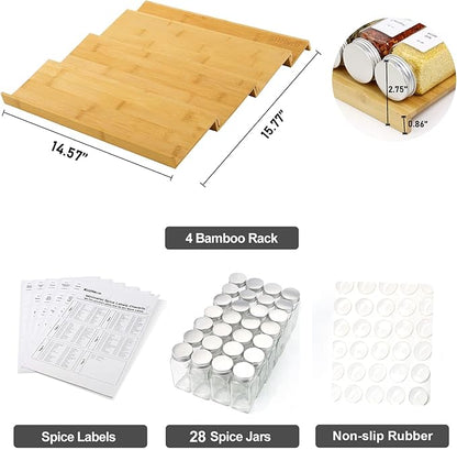 KitHero Spice Drawer Organizer with 28 Spice Jars,216 Labels,25 Non-slip Rubber, Bamboo 4 Tier Seasoning Rack Tray Insert for Kitchen Drawers,Cabinets,Countertop,14.6" Wide x 15.8" Deep