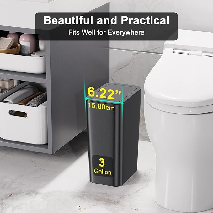 N. NETDOT 3 Pack 3 Gallon Small Trash Can with Lid, Bathroom Garbage Can with Pop-Up Lid, Waste Basket for Bathroom, Kitchen, Bedroom, Powder Room, Craft Room, Office, College (Black)