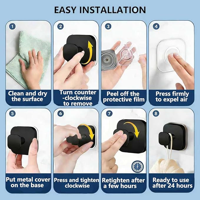 IGDALAR Suction Cup Hooks 4 Pack - Heavy Duty Vacuum Towel Hooks (Max Load 15 lbs) for Shower, Removable Waterproof Wall Hangers for Bathroom Glass, Window & Kitchen (Black)