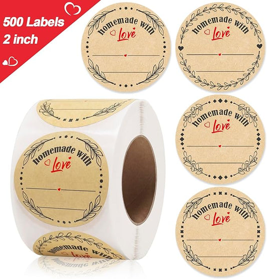 2" Homemade with Love Stickers, 4 Different Wreath Designs, Kraft Jar Canning Label Stickers for Baked Packaging, Cookie Bags, Fudge Containers, Store Owners, Crafts, Organizing, Price Tags