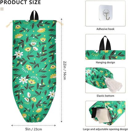 2 PCS Plastic Bag Holder - Wall Mount Grocery & Trash Bag Storage Organizer - 22 x 9 Inch - Small Flowers - Green