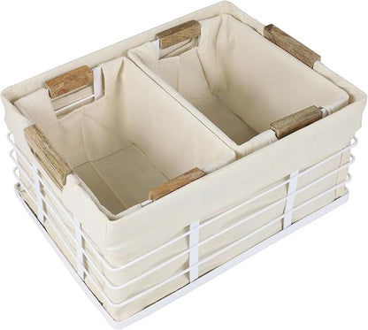 happimess BSK3002B-3SET Callan Vintage Industrial Wire Metal Nesting Storage Baskets with Wood Handles and Fabric Liner for Shelves, Cabinets, Pantry, Countertop, Mesh Open Bin, White (Set of 3)