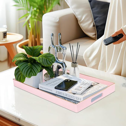 MAONAME Pink Serving Tray with Handles, Modern Decorative Tray for Coffee Table, Plastic Rectangular Trays for Ottoman, Bathroom, Decor, 15.8” x 10.2” x 1.4"